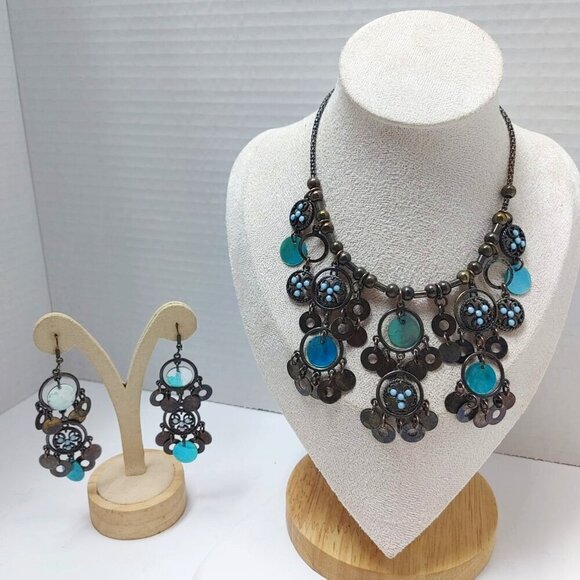 5/$100 Southwestern Style Jewelry Set Blue Faux Pearl Drop Necklace & Earrings - Picture 1 of 9